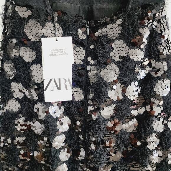 Zara Black Sequin & Faux Feather Halter Midi Dress Size Small - Picture 13 of 14